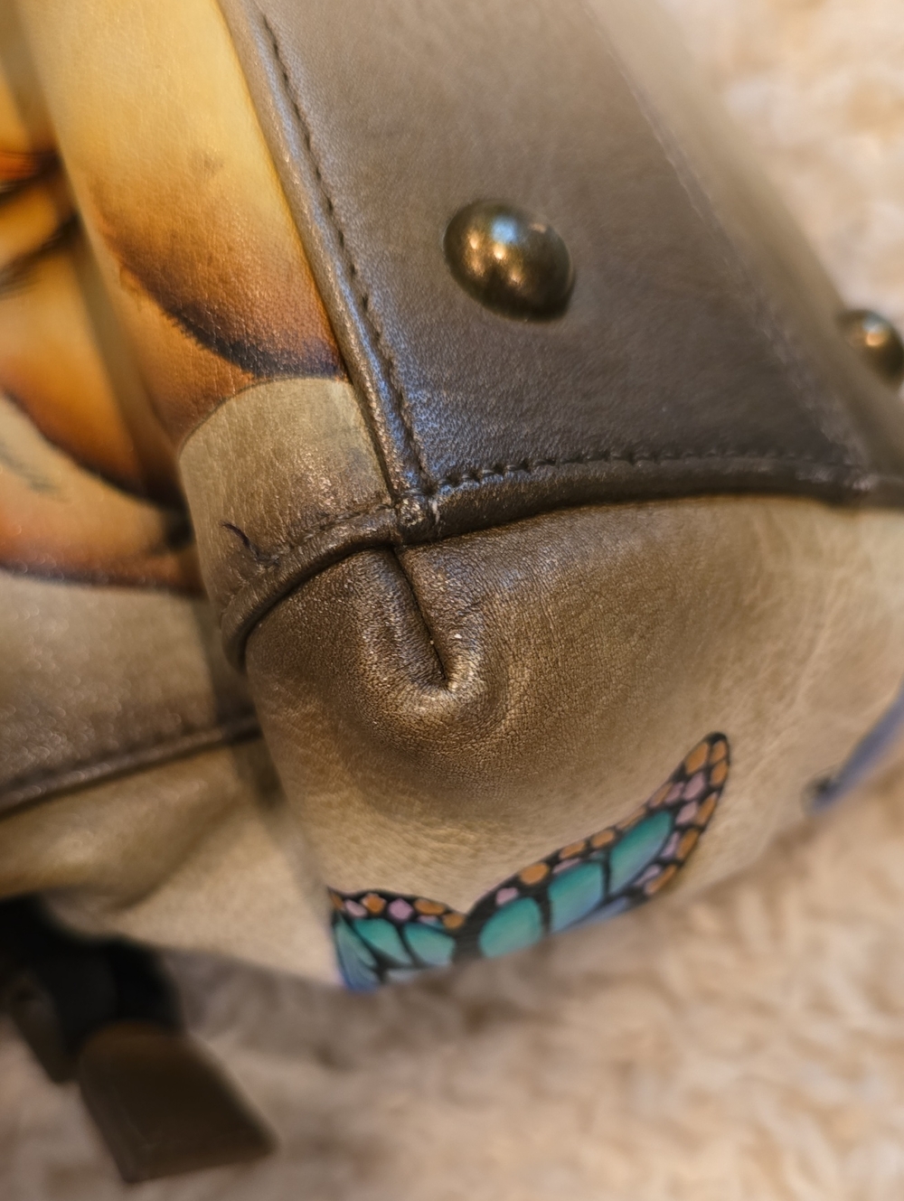 Anna By Anuschka Handpainted Designer Dog/Butterfly Print Satchel Bag - Picture 9 of 13